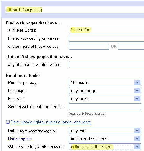 Using the Advanced Search form to find pages whose URLs contain Google and FAQ