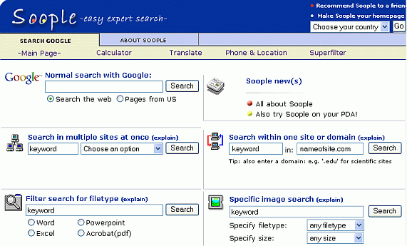 Screen shot of Soople, which shows many of the different types of searches Google supports